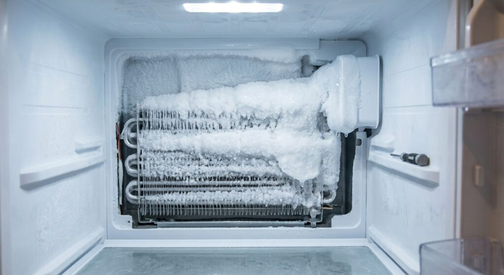 Evaporador de un congelador No Frost completamente cubierto por una gruesa capa de hielo, bloqueando la circulación de aire