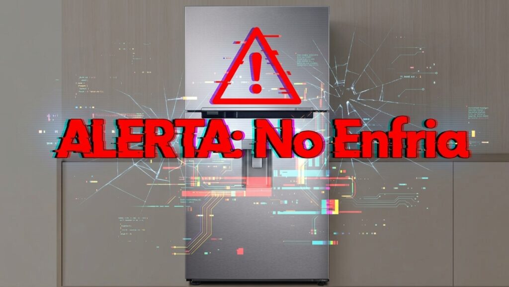 Frigorífico con símbolo de alerta y el aviso "Alerta: No Enfría", ilustrando un fallo de refrigeración