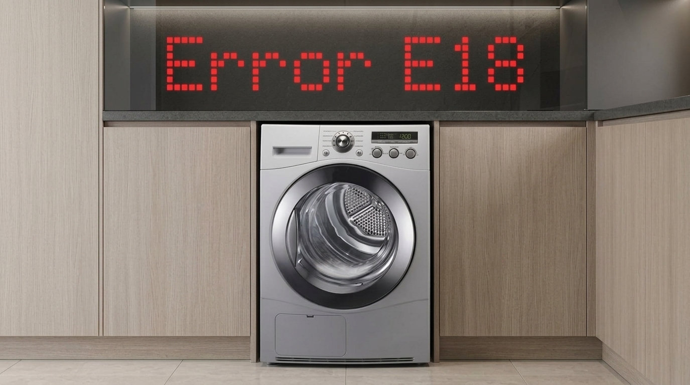 Lavadora empotrada en mueble de lavandería con panel digital mostrando "Error E18"