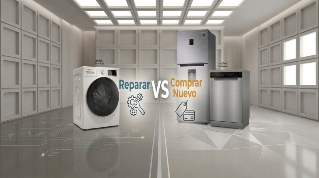Comparación visual entre reparar y comprar nuevo, con una lavadora y un frigorífico a cada lado de un camino que se bifurca
