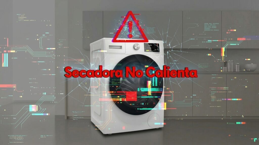 Secadora con símbolo de advertencia y el aviso "Secadora No Calienta", ilustrando un fallo en el sistema de calentamiento